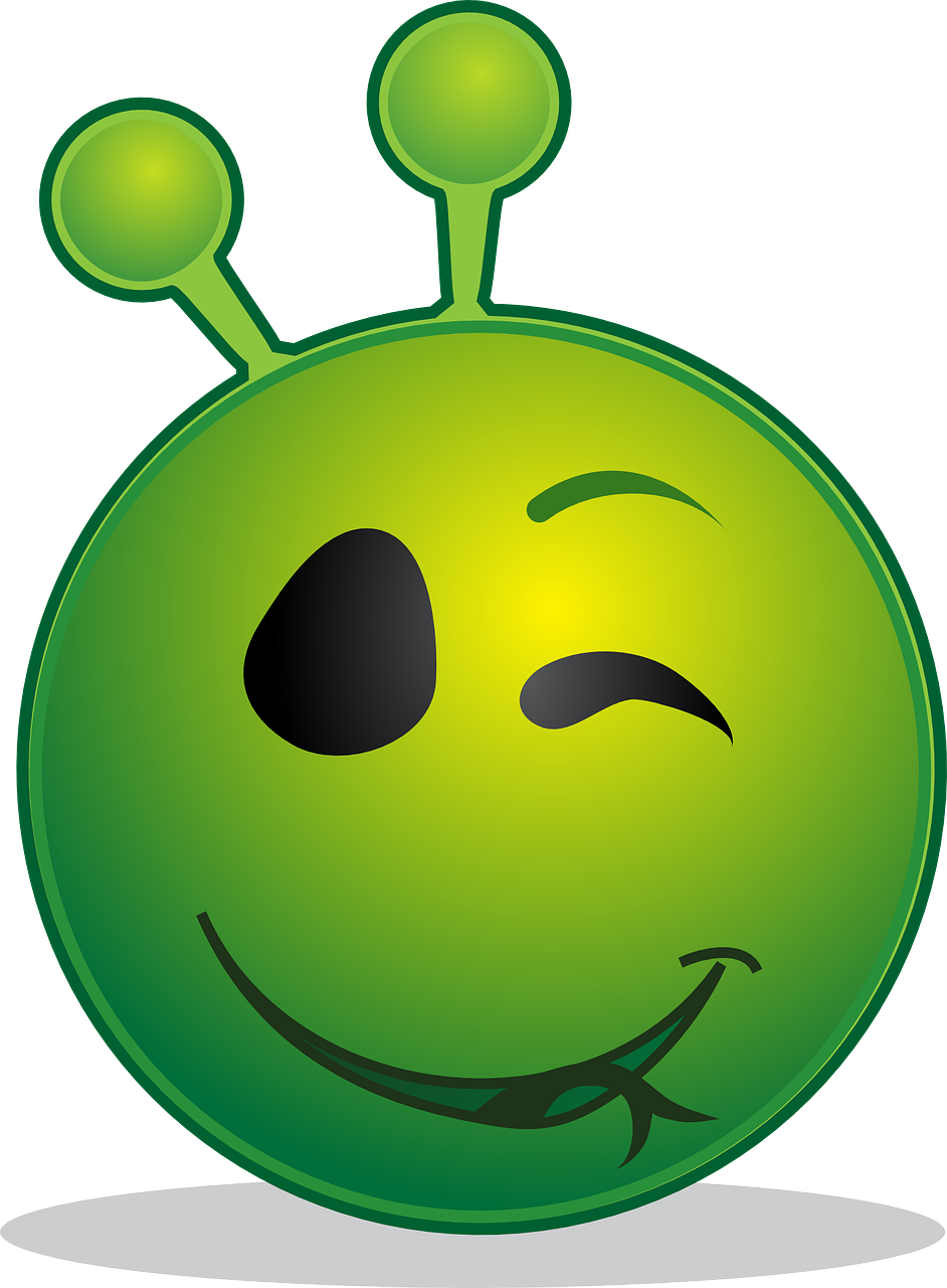 a green smiley face with two black eyes, a digital rendering, inspired by Wilson Irvine, deviantart, mingei, alien antenna, clip art, gogo : :, space insect android