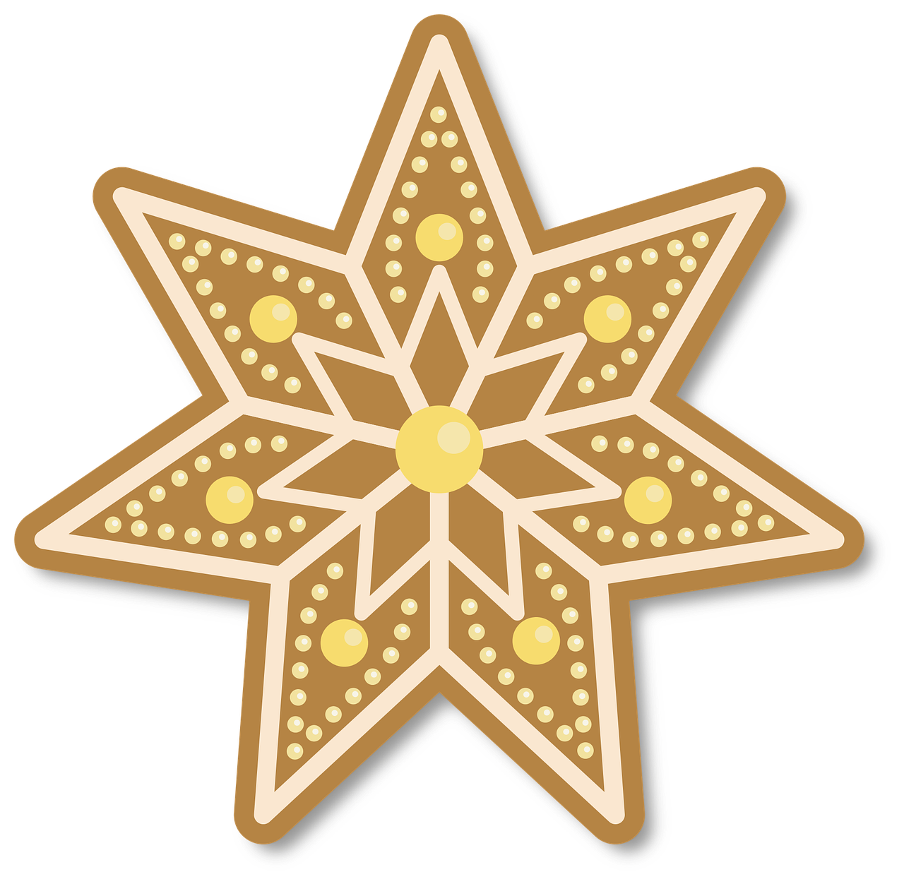 a star shaped cookie on a black background, inspired by Masamitsu Ōta, pixabay, sōsaku hanga, sticker design vector art, decorated polished wood, symmetry illustration, high detail illustration