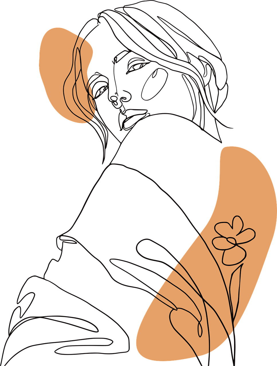 a woman with a flower tattoo on her arm, lineart, inspired by Aristide Maillol, black and auburn colour pallet, phone wallpaper, abstract human body, banner
