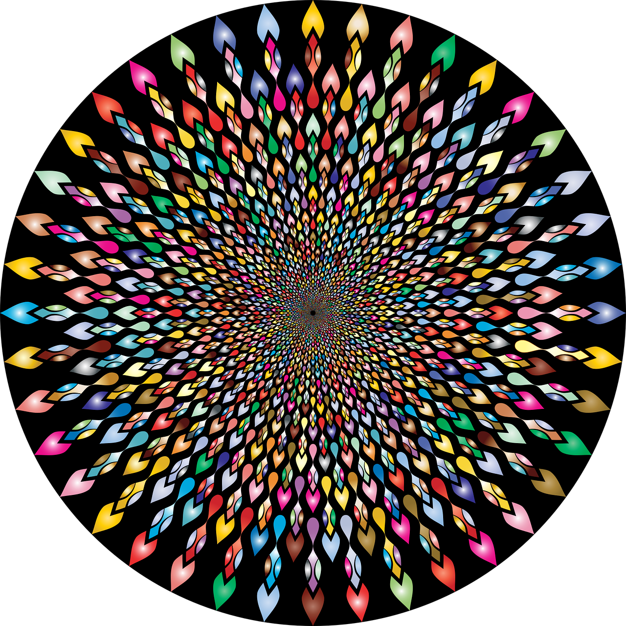 a multicolored flower on a black background, a mosaic, abstract illusionism, !!! very coherent!!! vector art, bargello pattern, sharp focus vector centered, stunning screenshot