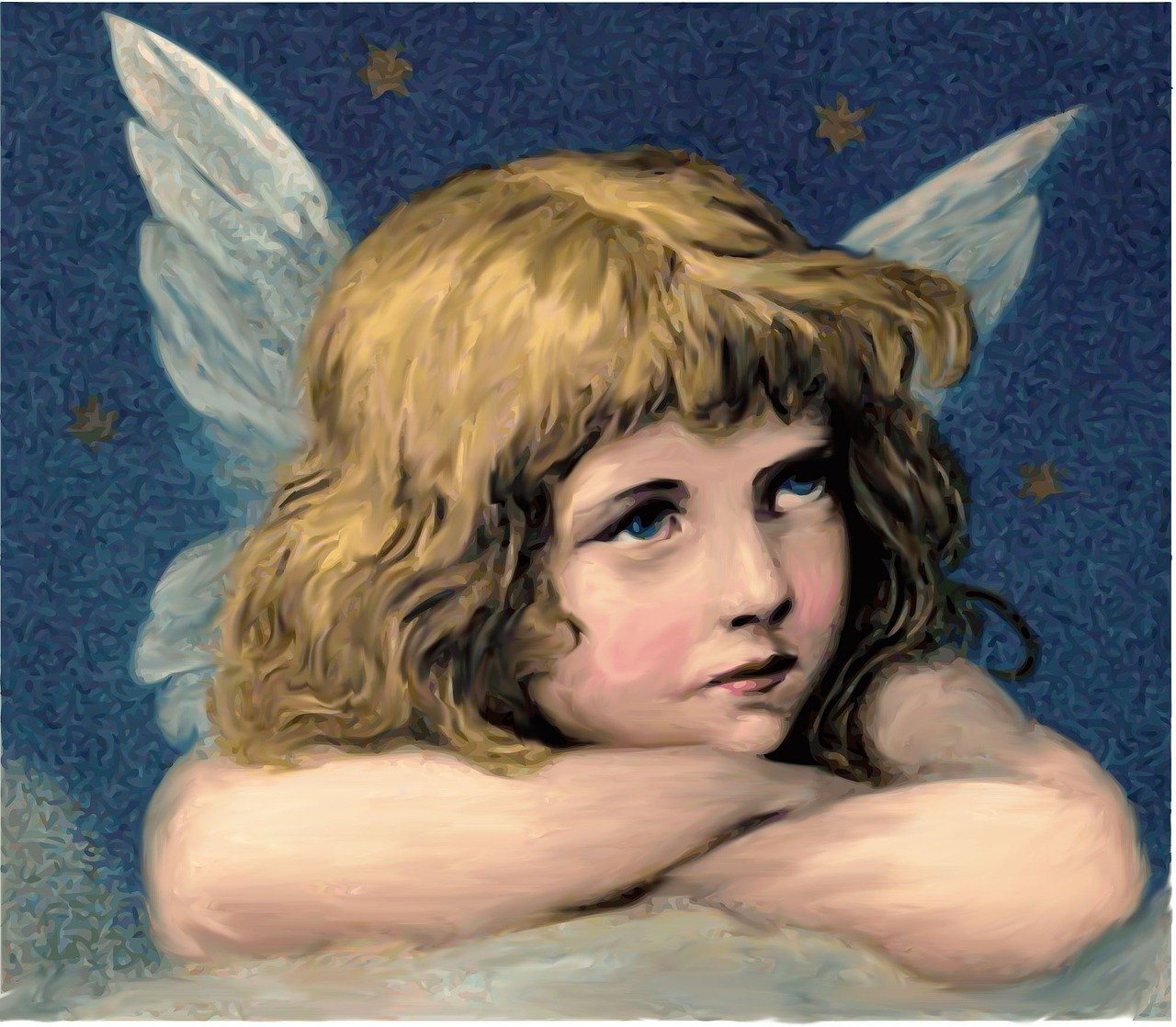 a painting of a little girl with angel wings, a digital rendering, inspired by Sophie Anderson, flickr, medium detail, santa, pensive and hopeful expression, boy