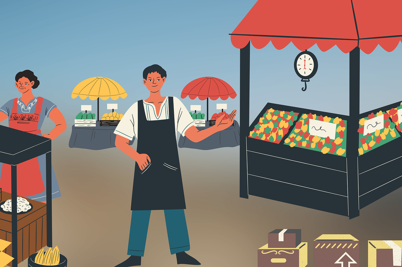 a couple of people standing in front of a fruit stand, an illustration of, shutterstock, selling his wares, wikihow illustration, simple and clean illustration, worksafe. illustration