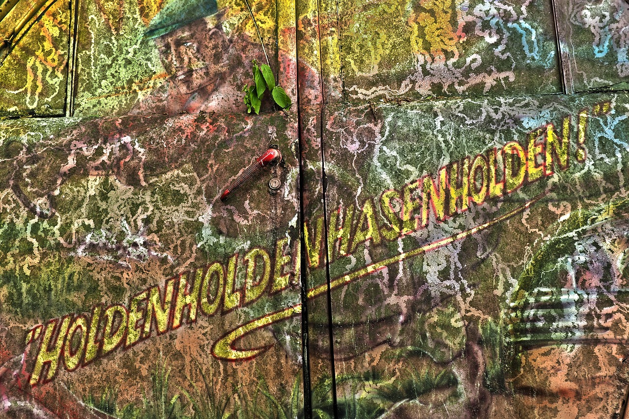 a close up of a door with graffiti on it, a photo, inspired by Hendrick Cornelisz Vroom, featured on zbrush central, green and red radioactive swamp, car with holographic paint, detmold, national geographic style”