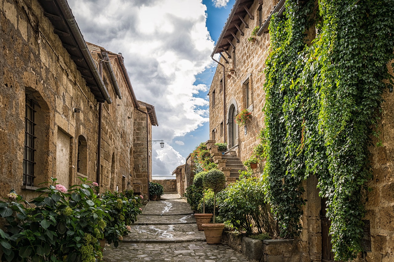 a narrow cobblestone street lined with potted plants, a picture, by Maurice Esteve, pexels, romanesque, medieval village on the plains, italian masterpieces, vista view, in a monestry natural lighting