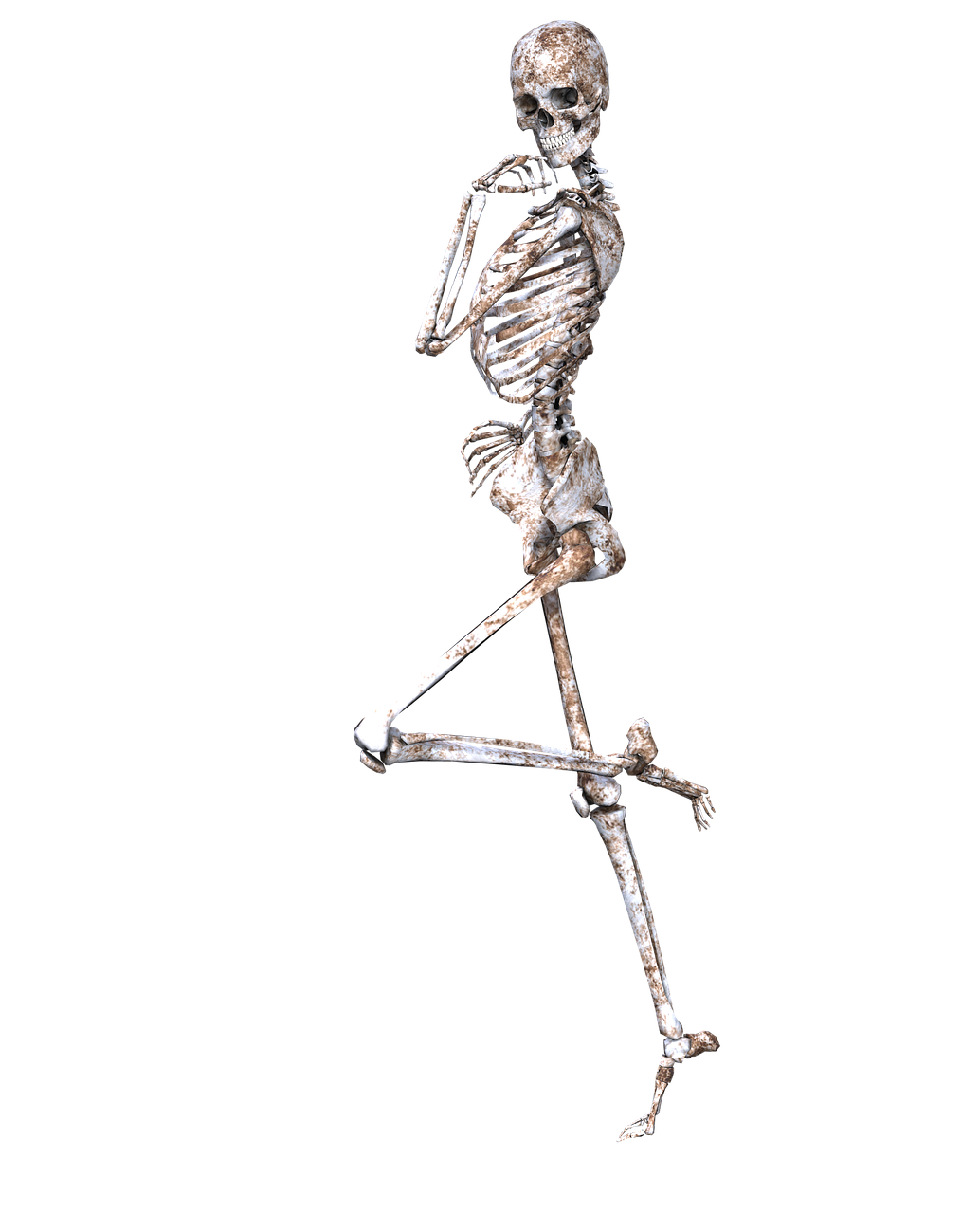 a skeleton that is standing in the air, by Muirhead Bone, featured on zbrush central, cigarette dangling, hinged titanium legs, tired haunted expression, distant full body view