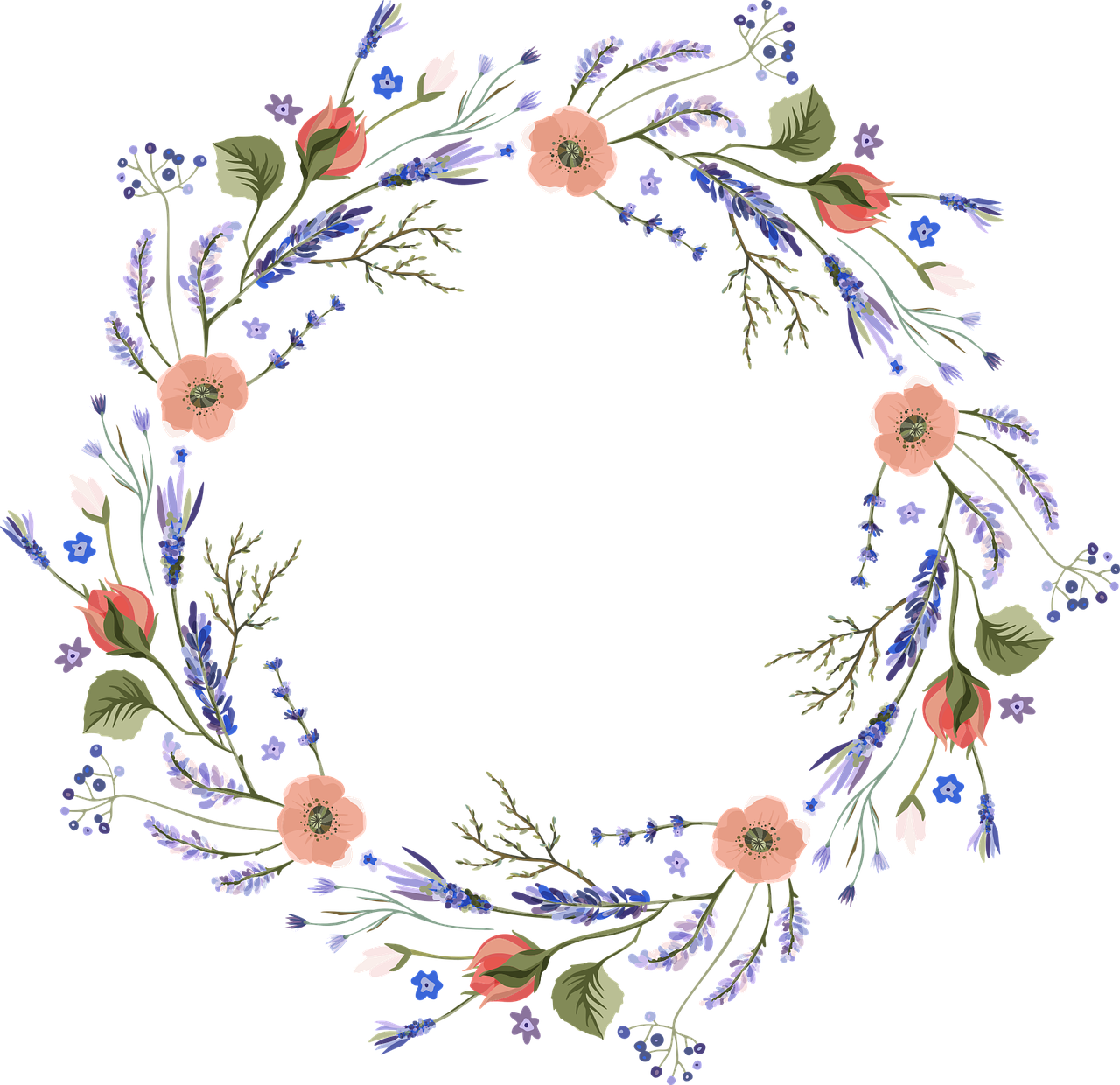 a wreath of flowers on a black background, a digital rendering, inspired by Master of the Embroidered Foliage, flickr, renaissance, lavender flowers, midsommar color theme, hand painted style, 2 0 1 9
