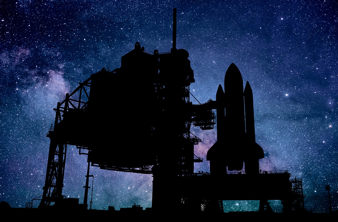 a space shuttle is silhouetted against the night sky, a matte painting, the structure of galaxy, hubble photo background, set photo, high contrast!