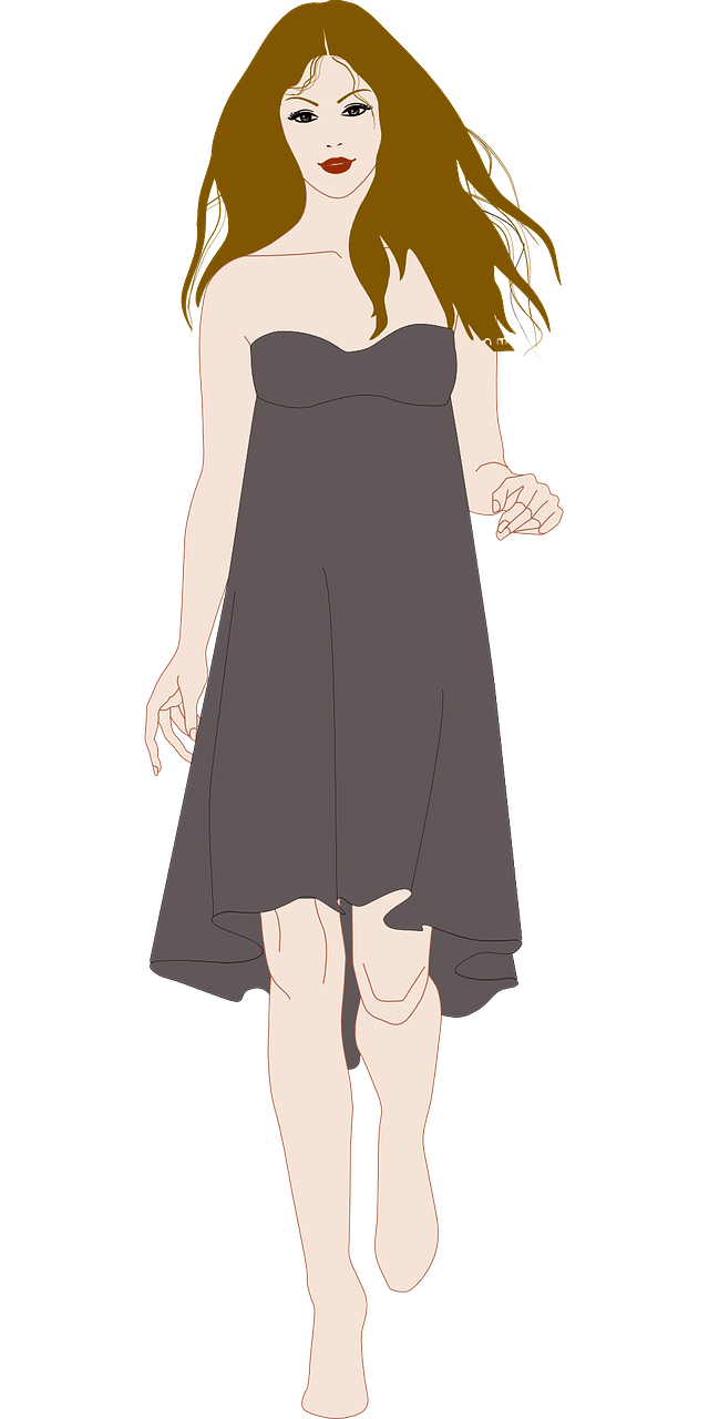 a woman in a dress walking down a runway, lineart, inspired by Ayako Rokkaku, pixiv, serial art, black backround. inkscape, loosely cropped, centimeters away from my face, stylish dark dress