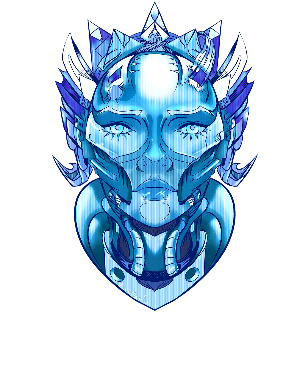 a close up of a person wearing headphones, vector art, inspired by Kilian Eng, afrofuturism, sleek mecha female dragon head, beautiful ancient frost witch, symmetry!! portrait of cyborg, detailed face of an android