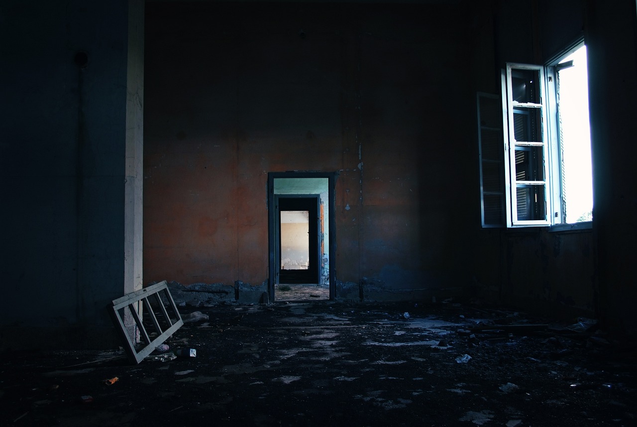 a room with a door and a window in it, inspired by Elsa Bleda, dark ruins, in school hallway, alexander abdulov, dark blue atmosphere