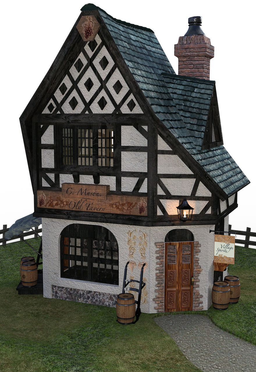 a small building sitting on top of a lush green field, an ambient occlusion render, inspired by Anton Pieck, renaissance, taverns nighttime lifestyle, mini model, official store photo, full res