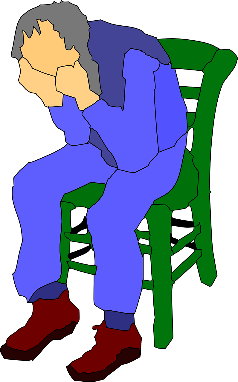 a man sitting on a chair with his head in his hands, a raytraced image, inspired by Robert Ballagh, pixabay contest winner, cubism, colored lineart, starving artist wearing overalls, high res, goodnight