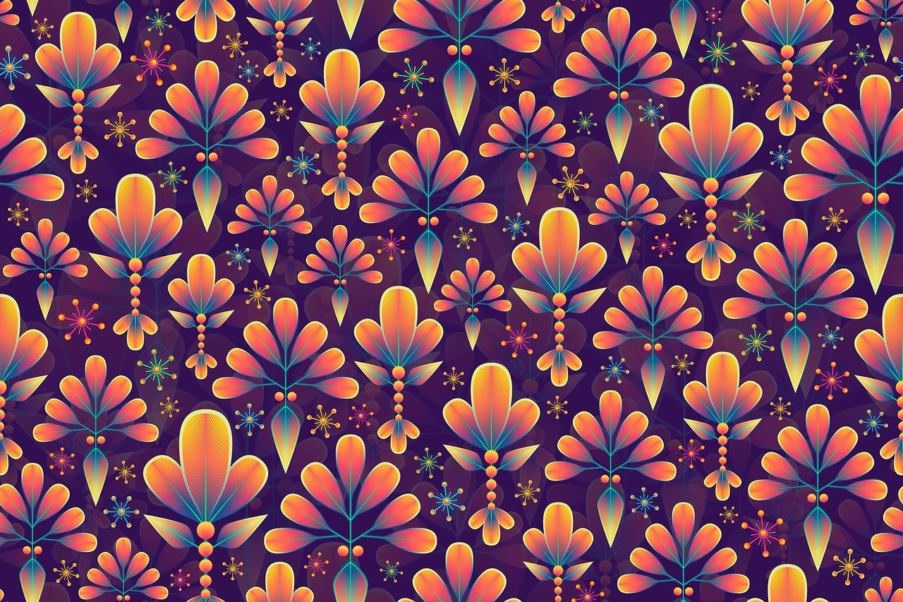 a colorful floral pattern on a purple background, concept art, inspired by Victor Moscoso, 9 peacock tails, autumn leaves background, shiny background, ornate patterned people