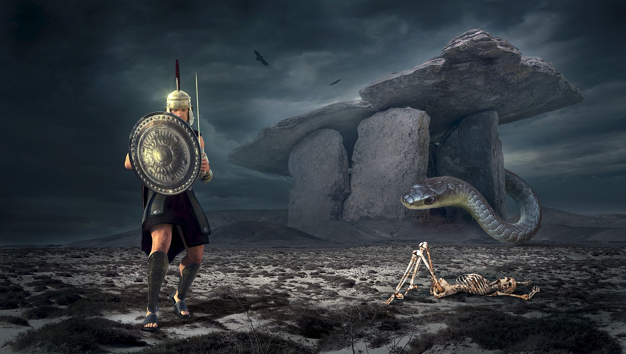 a man that is standing in the dirt with a shield, a detailed matte painting, by Wayne England, greek goddess athena, snail vs knight, photomanipulation, as atlantean reptilian warriors