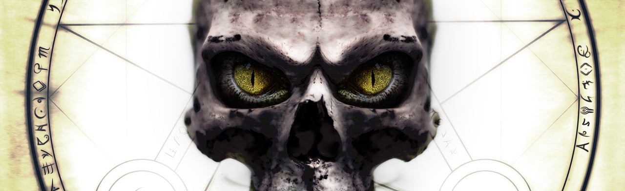 a close up of a skull with yellow eyes, a digital rendering, by Mirko Rački, deviantart, evil zombie, big piercing eyes, avatar image, darksiders halloween theme