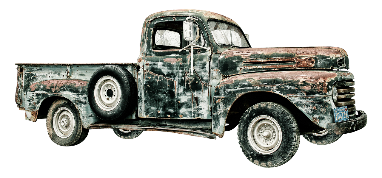 an old rusty truck on a black background, a colorized photo, by Arnie Swekel, photorealism, drawn with photoshop, full body close-up shot, ferocious appearance, colourised
