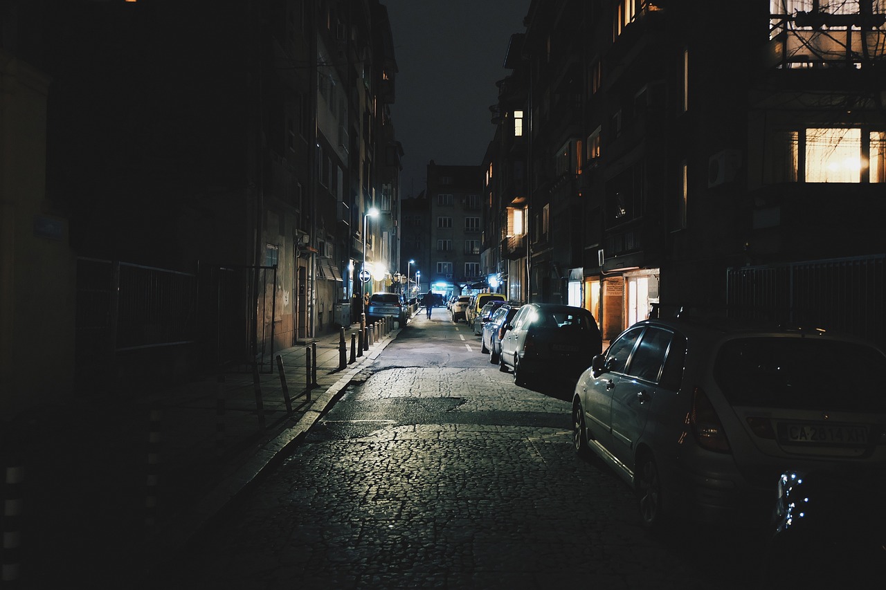 cars parked on the side of a street at night, a picture, by Alexander Bogen, cobblestone street, dark academia aesthetics, worst place to live in europe, dingy city street