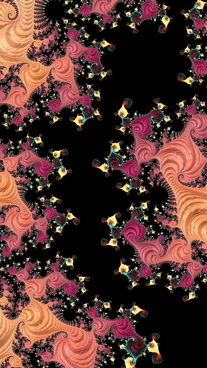 a pattern of swirls and stars on a black background, digital art, inspired by Benoit B. Mandelbrot, tumblr, pink orange flowers, cute detailed digital art, imaginary slice of life, textile print