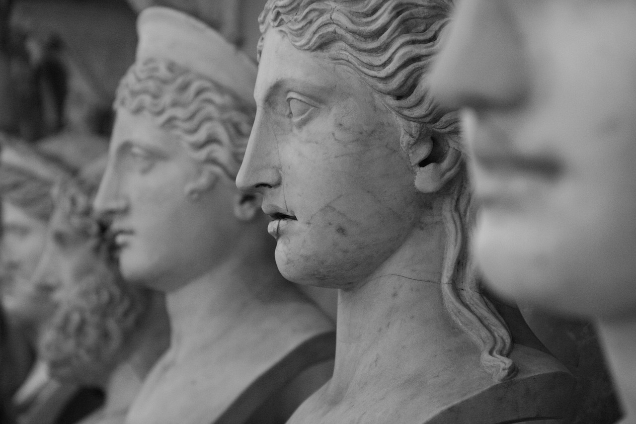 a black and white photo of a row of busts, inspired by Antonio Canova, flickr, goddess close-up portrait, marble!! (eos 5ds r, portrait of women, the secrets inside the vatican