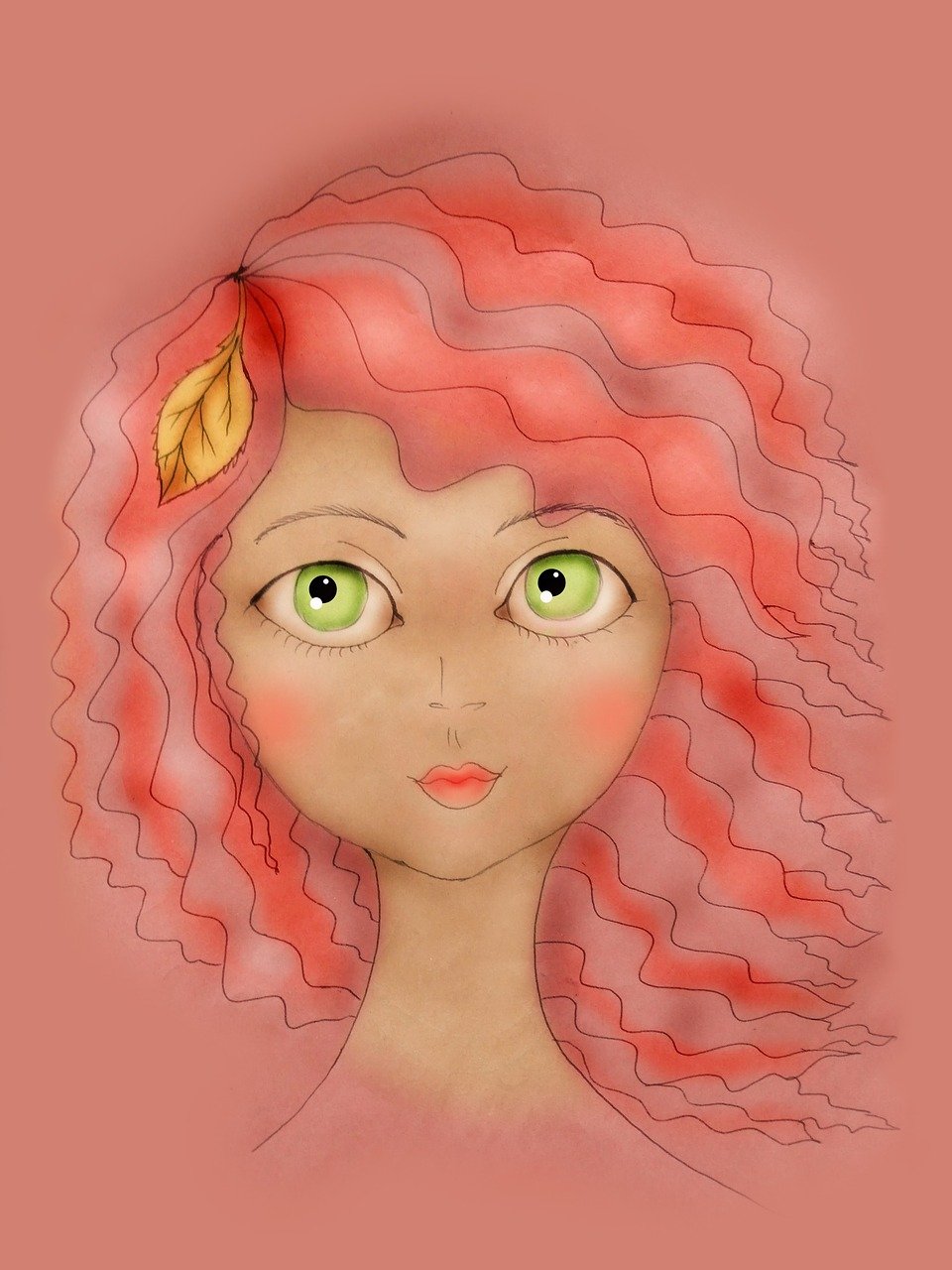 a drawing of a woman with red hair and green eyes, a digital painting, inspired by Marie Bracquemond, beautiful pink little girl, autumn wind, whimsical and cute, wavy hair yellow theme