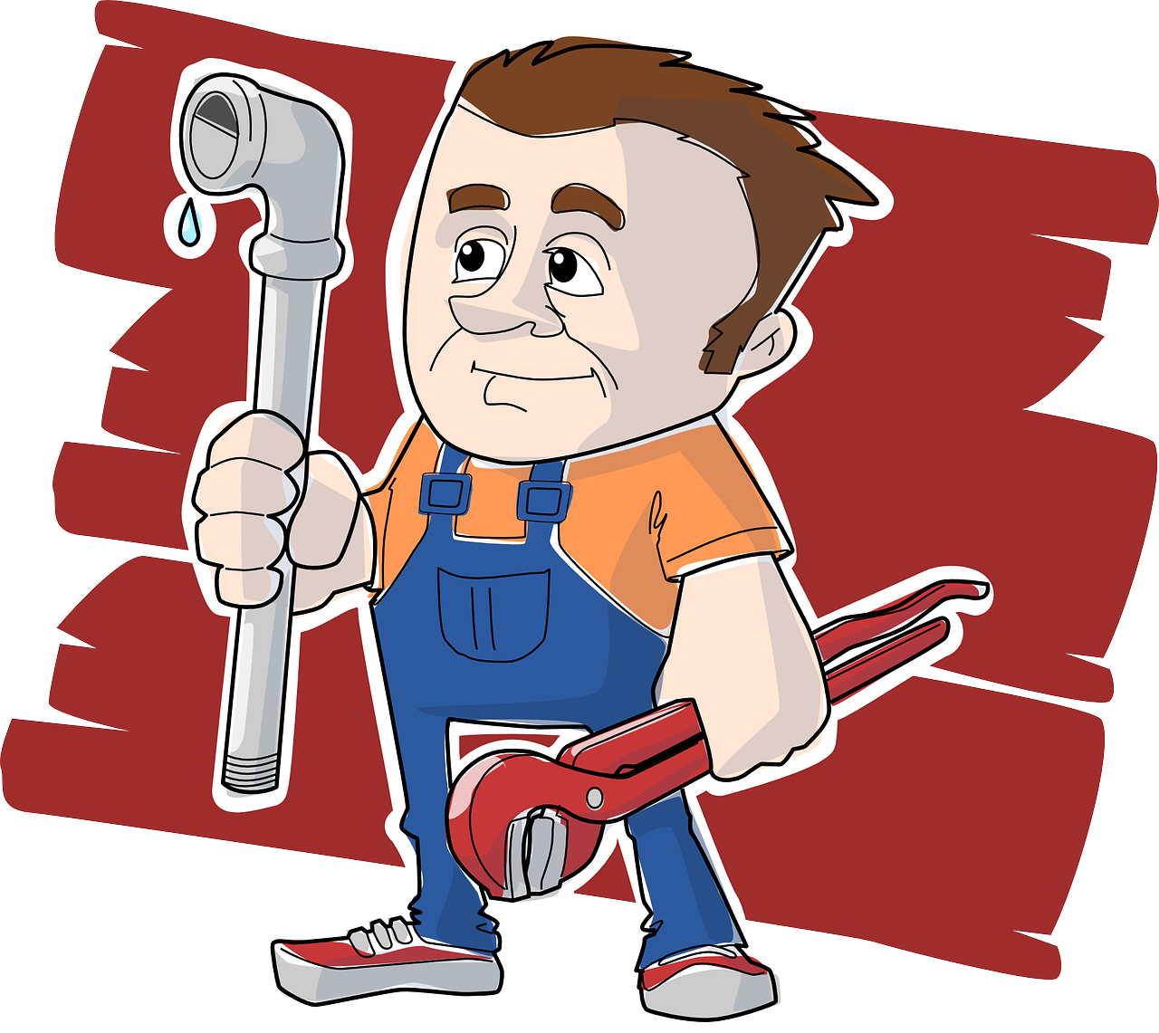 a man in overalls holding a wrenet, a digital rendering, by Harry Beckhoff, pixabay, plasticien, drainpipes, comic character design, wrench, clean vector art