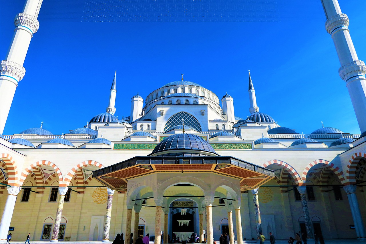 a group of people standing in front of a building, a photo, inspired by Altoon Sultan, hurufiyya, beautiful wallpaper, dome, blue sky, pray