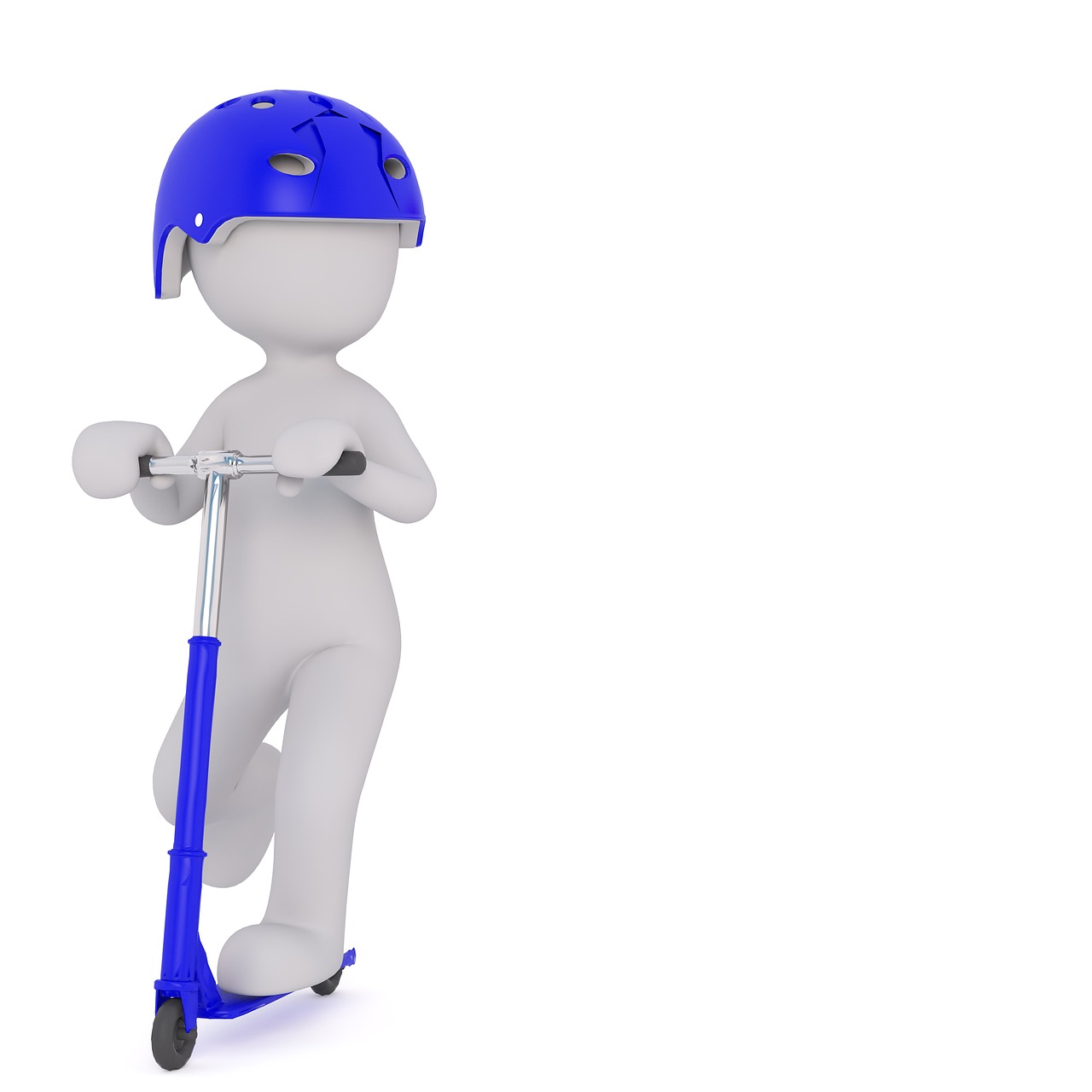 a person riding a scooter with a helmet on, a picture, conceptual art, cute 3 d render, white, holding a staff, blue colored