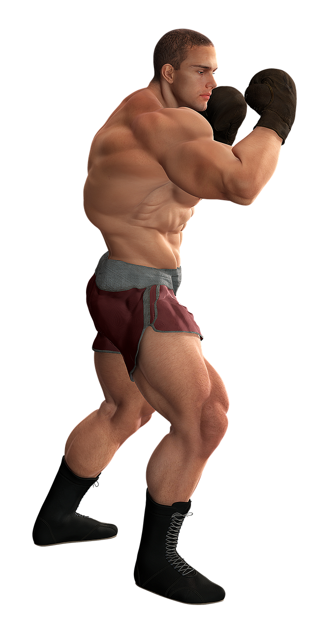 a close up of a person wearing boxing gloves, a 3D render, inspired by Daryush Shokof, muscular thighs, right side profile, mudoken, six-pack