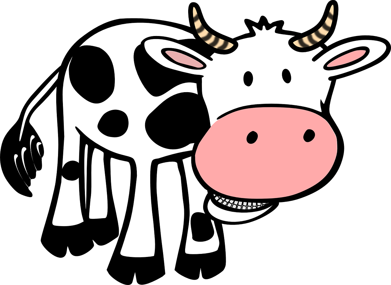 a cow with horns standing in front of a black background, pixabay, pop art, white background and fill, funny illustration, ( 3 1, farms