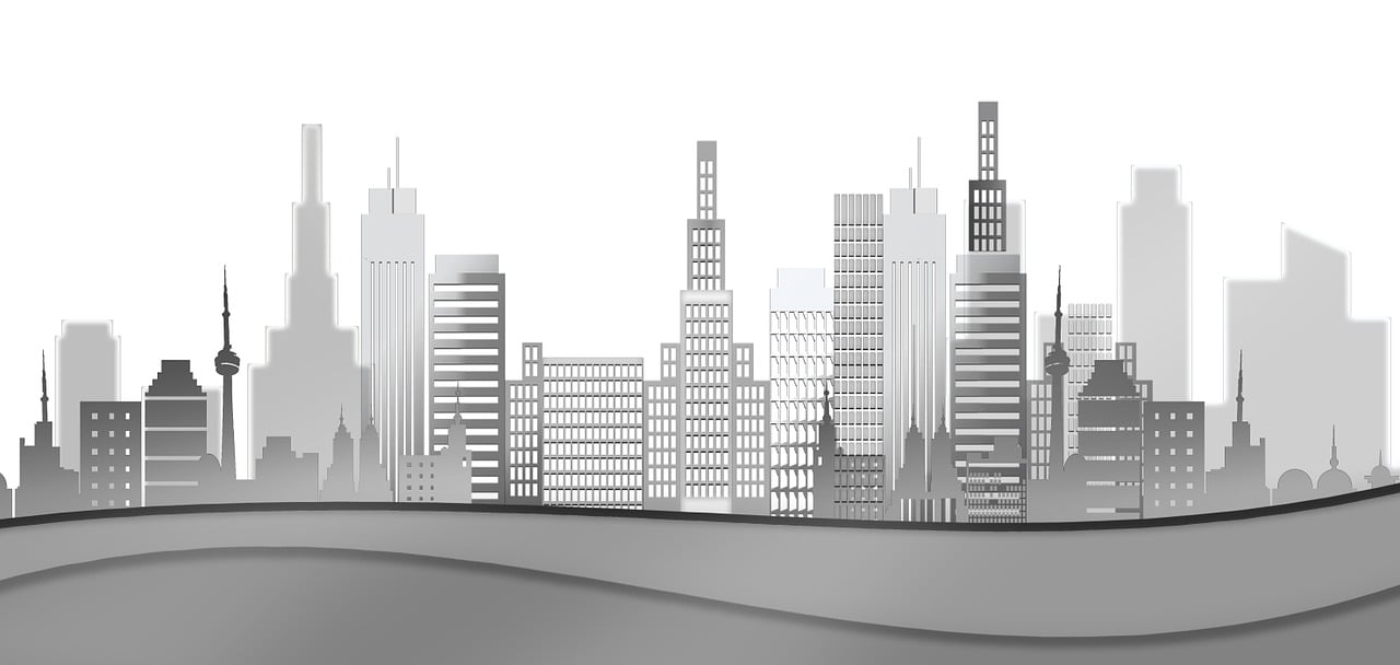 a black and white picture of a city with skyscrapers, inspired by Yokoyama Taikan, digital art, paper cutout, full view blank background, the background is white, gray background