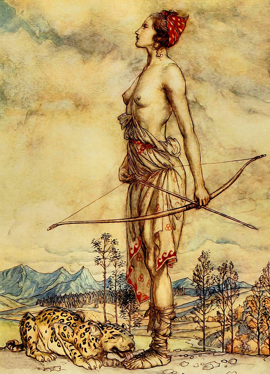 a painting of a woman holding a bow and arrow, by Arthur Rackham, flickr, wearing loincloth, moebius and dan hillier, detailed picture, wandering