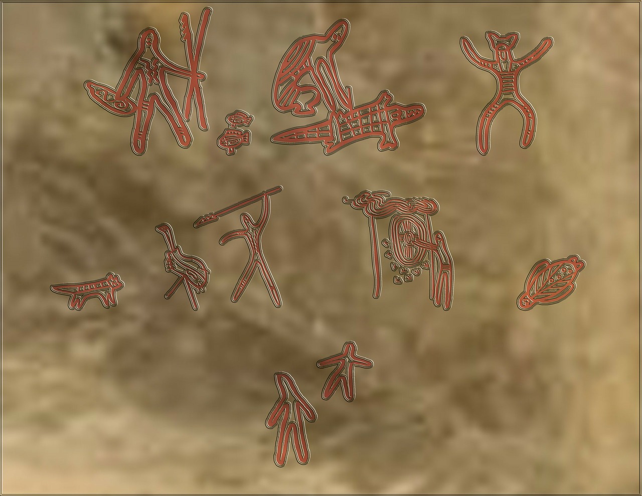 a bunch of drawings that are on a piece of paper, a cave painting, stylized thin lines, himba, depicted as a 3 d render, acrobatic moveset