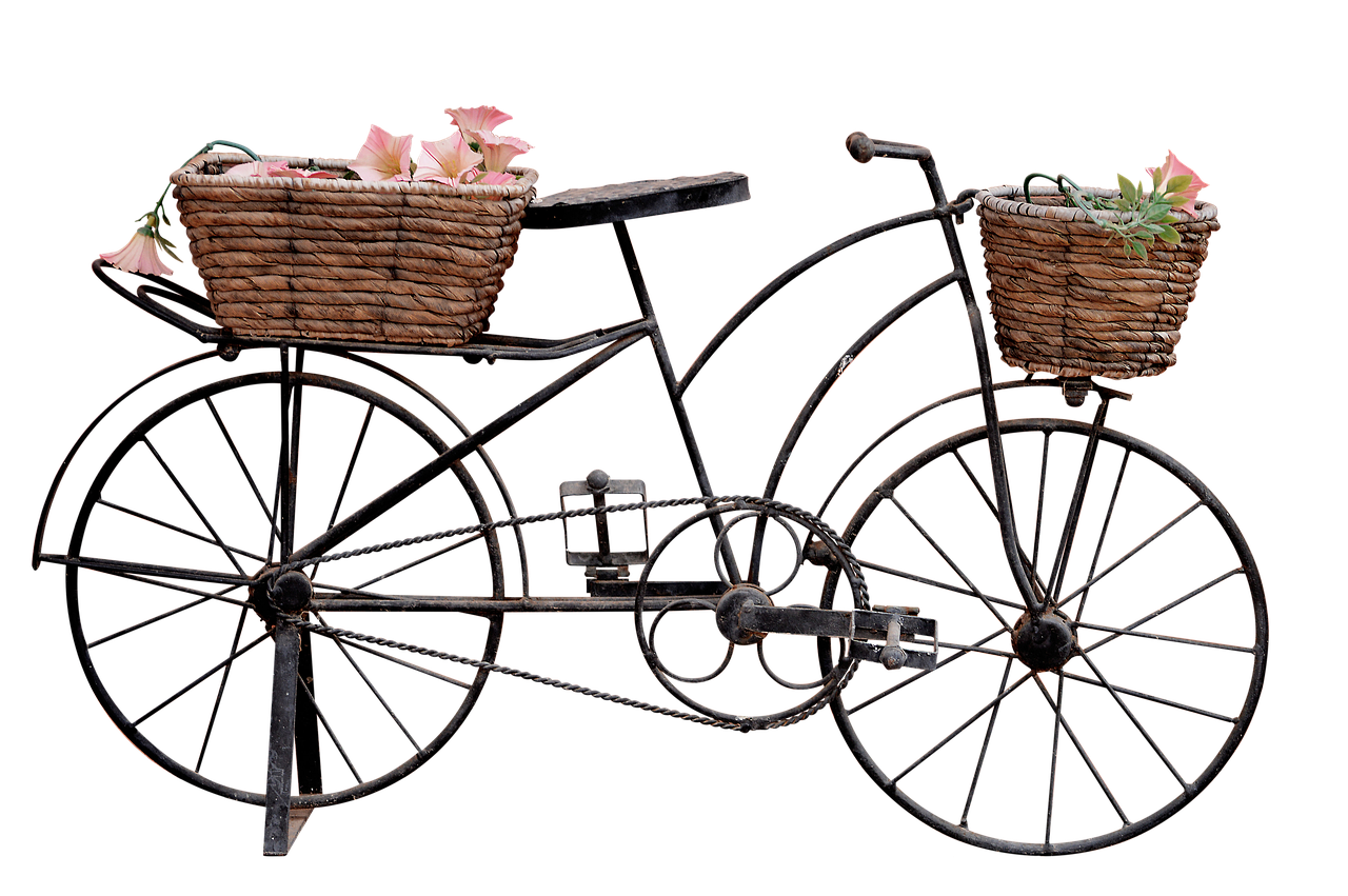a bicycle with a basket of flowers on the back, by Albert Swinden, folk art, on a black background, side view intricate details, made of wrought iron, full width