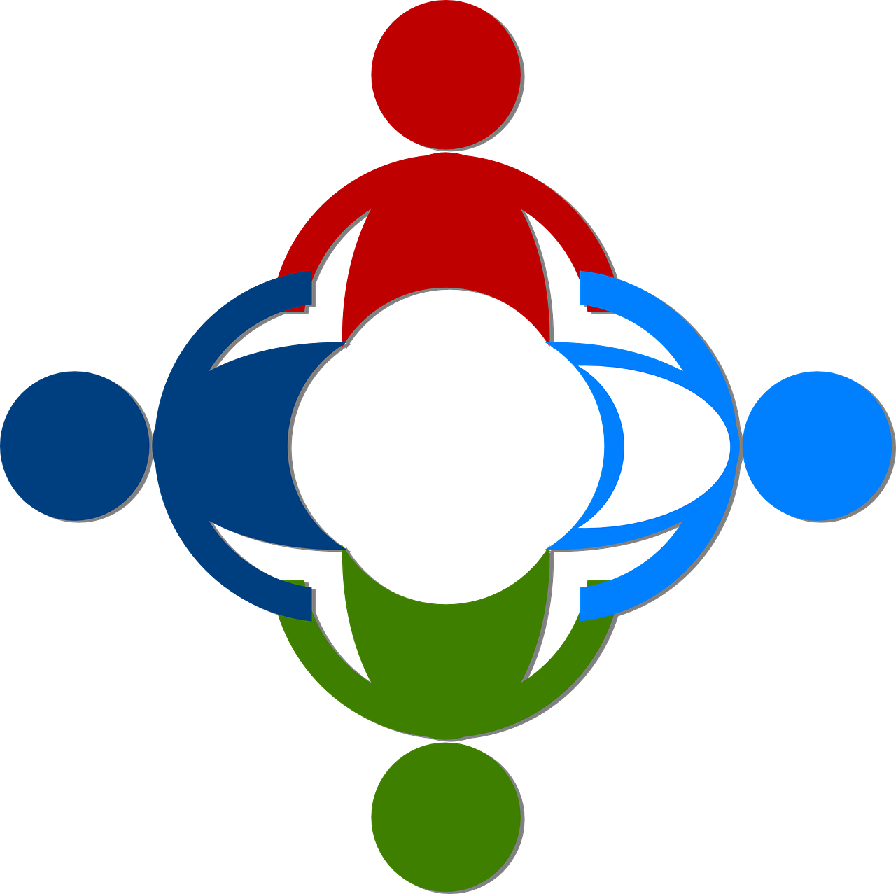 a group of people standing around each other, a digital rendering, by Leon Polk Smith, flickr, precisionism, circular logo, four arms, holding each other, green blue red colors