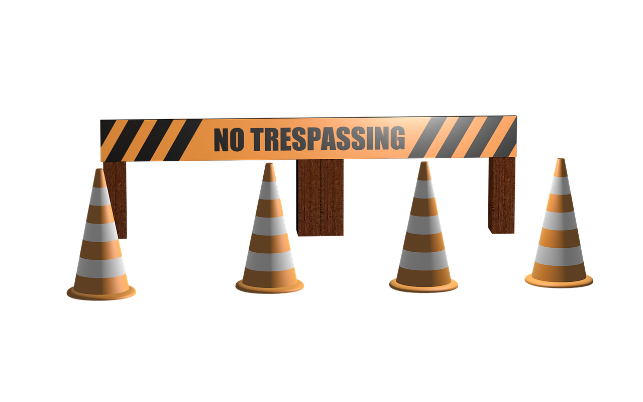 a no trespassing sign surrounded by traffic cones, a digital rendering, trending on pixabay, graffiti, cinema 4d multi-pass ray traced, on black background, screenshot from a movie, striped