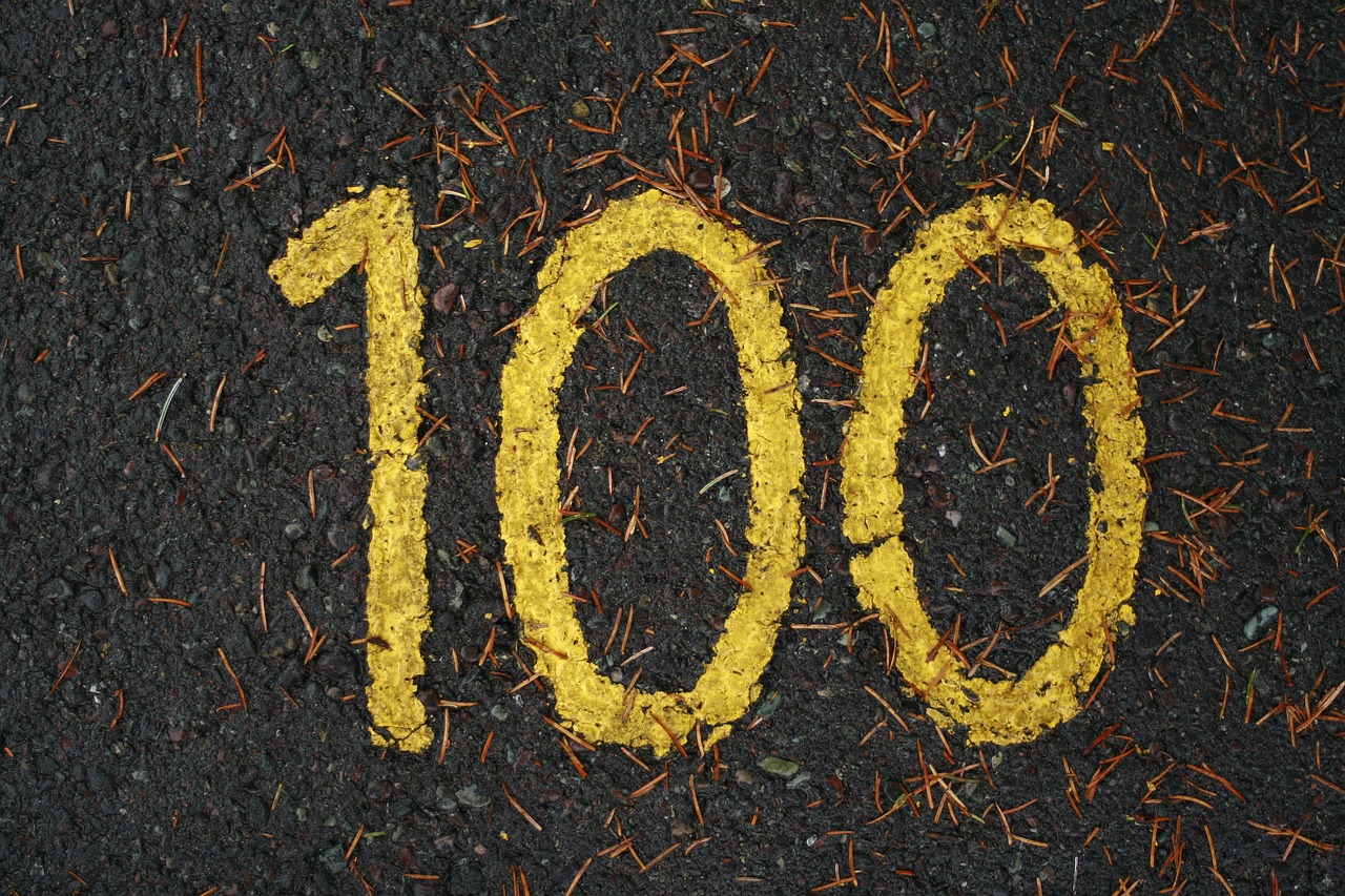 a close up of a street sign on the ground, sign that says 1 0 0, hundreds of them, digital art - w 700, celebrating
