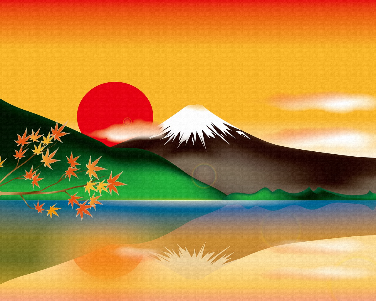 a painting of a mountain with a lake in front of it, an illustration of, ukiyo-e, sunset illustration, very beautiful photo, with gradients, beginning of autumn