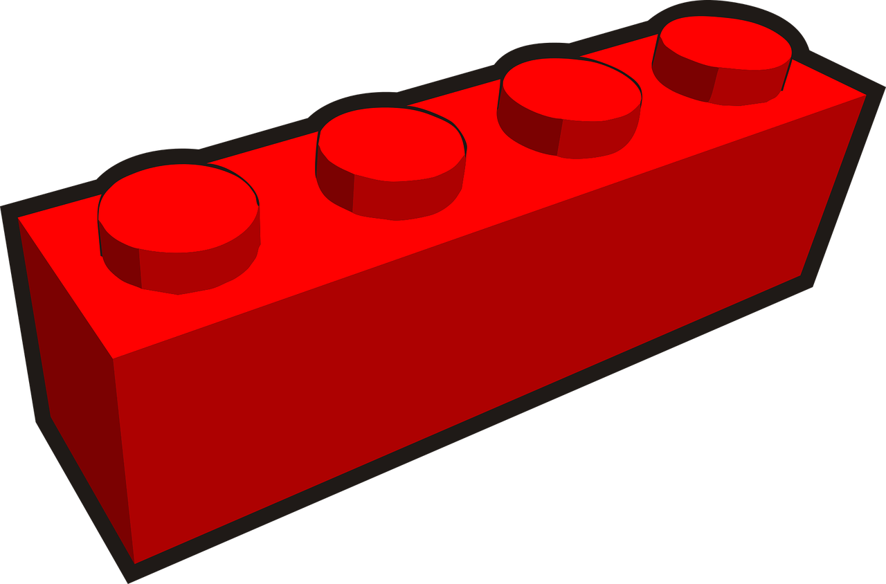 a red lego block on a black background, digital art, really long, simple cartoon style, three fourths view, rails