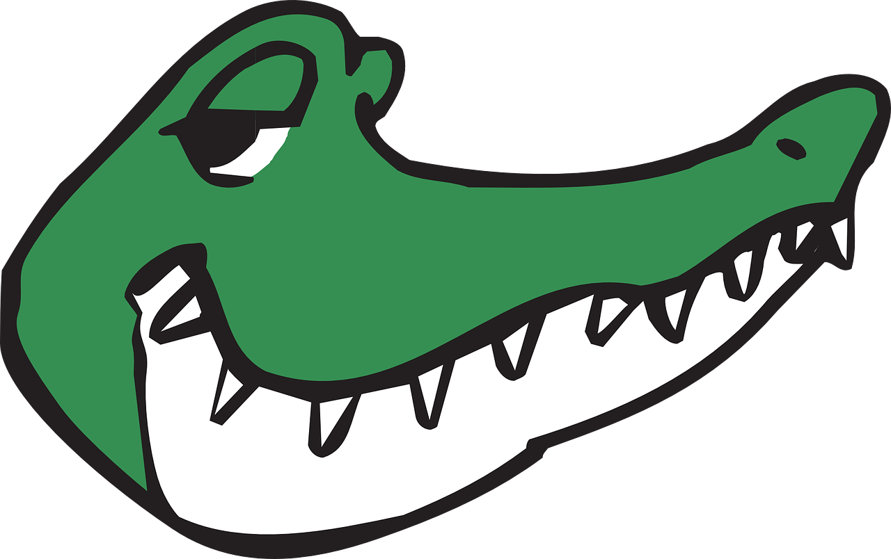 a green alligator's head with white teeth, a picture, sports logo, ( ( dark green, no gradients, preston blair
