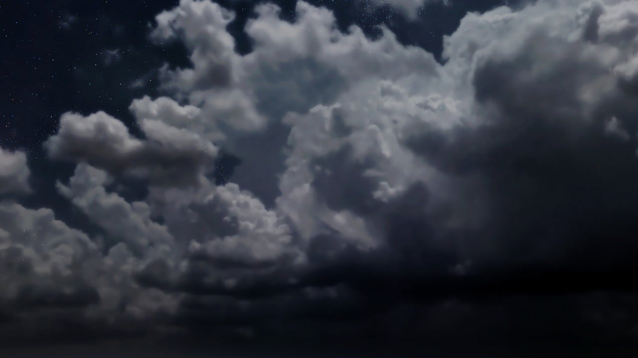 there is a plane that is flying in the sky, inspired by Anna Füssli, digital art, thunderstorm dark night sky, video still, extreme hight detail, “puffy cloudscape