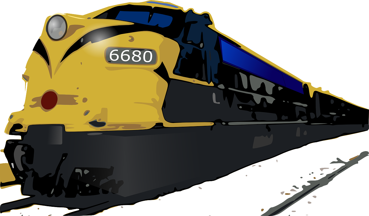 a large long yellow train on a steel track, a digital painting, trending on pixabay, blue gold and black, eight eight eight, marker”, head and shoulder shot