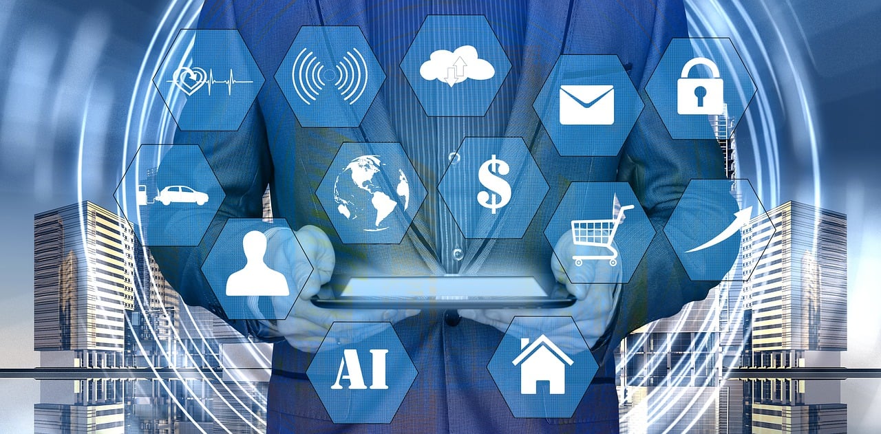 a man in a suit holding a tablet computer, a digital rendering, pixabay, icons, artificial intelligence!!, blue - print, ecommerce photograph
