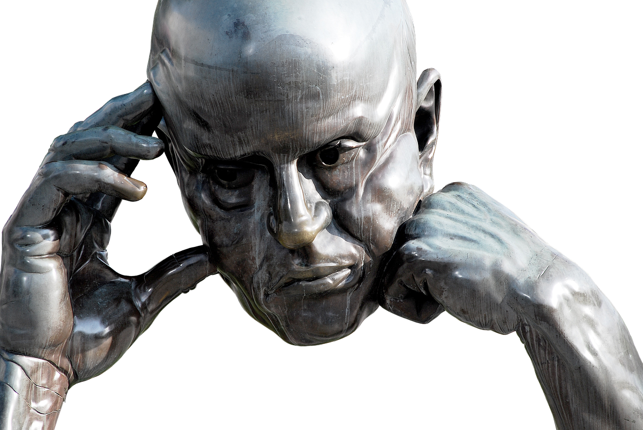 a statue of a man talking on a cell phone, a surrealist sculpture, featured on zbrush central, chrome face symmetry, bald man, head macro, thinker pose