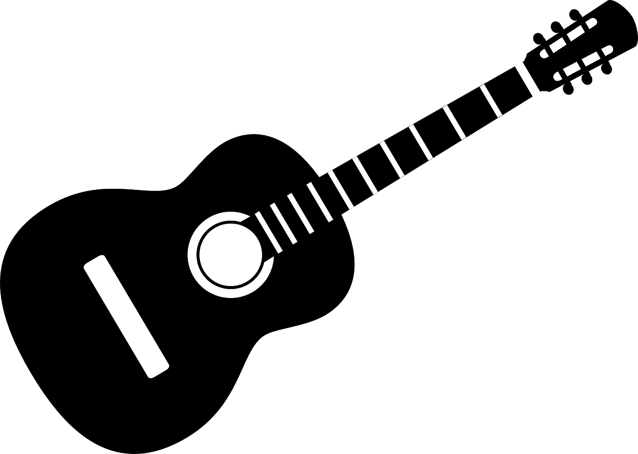 a black and white silhouette of a guitar, a cartoon, pixabay, minimalism, 🪔 🎨;🌞🌄, ukulele, romanian, what music they make