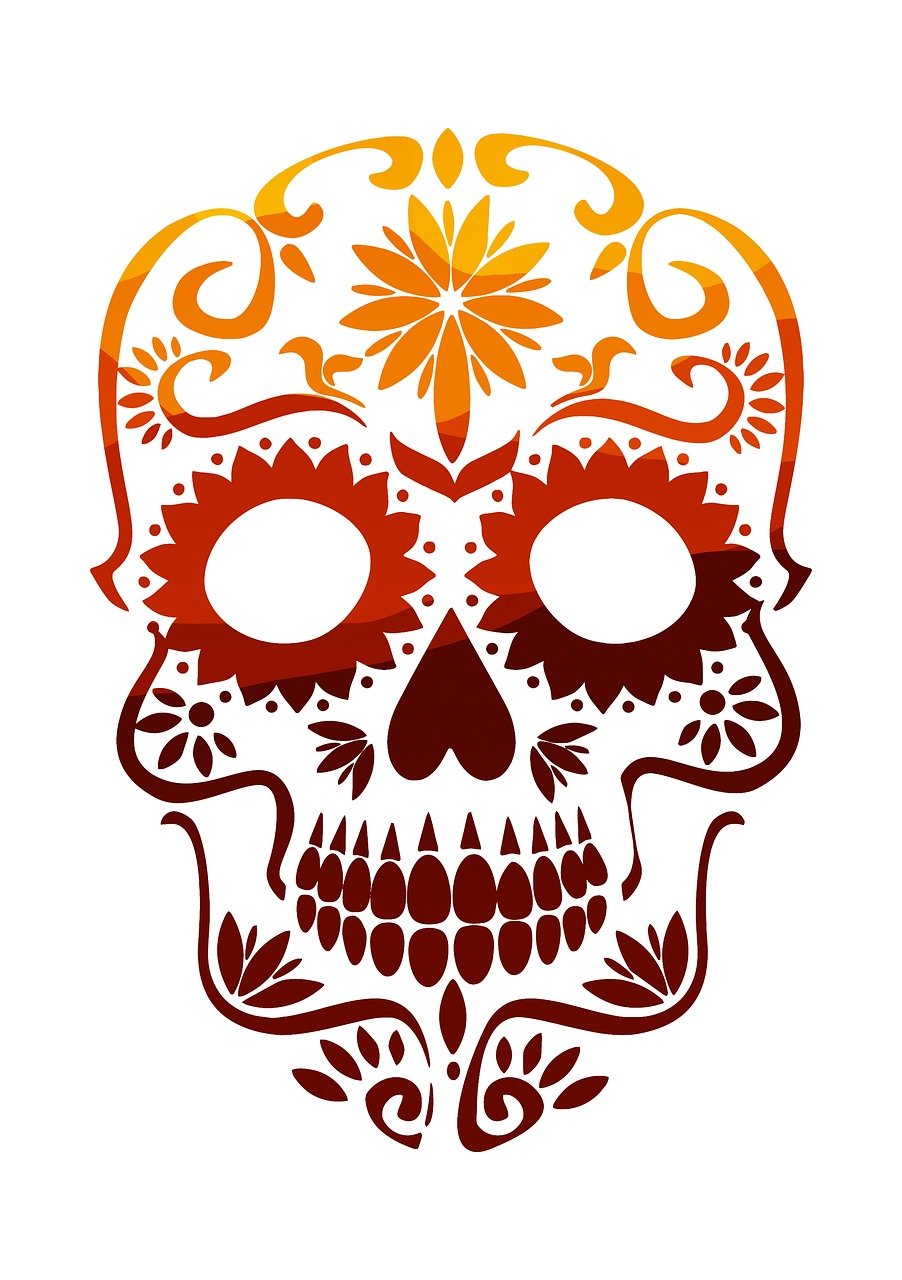 a close up of a skull on a white background, vector art, pixabay, vanitas, west africa mask patterns style, red and orange colored, beautiful sunny day, la catrina