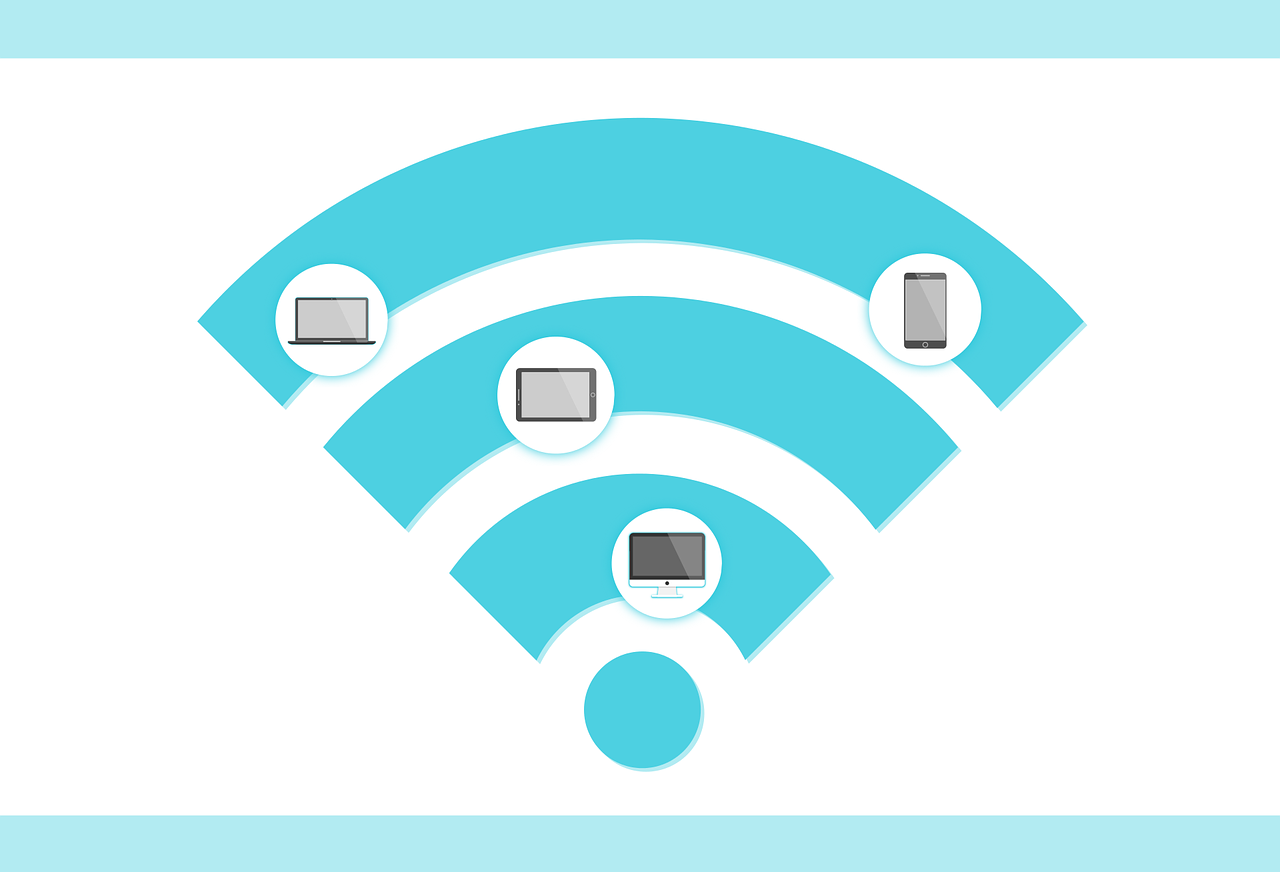 a blue wifi icon on a white background, an illustration of, by Carey Morris, computer art, many screens, on display, flat image, high-tech devices