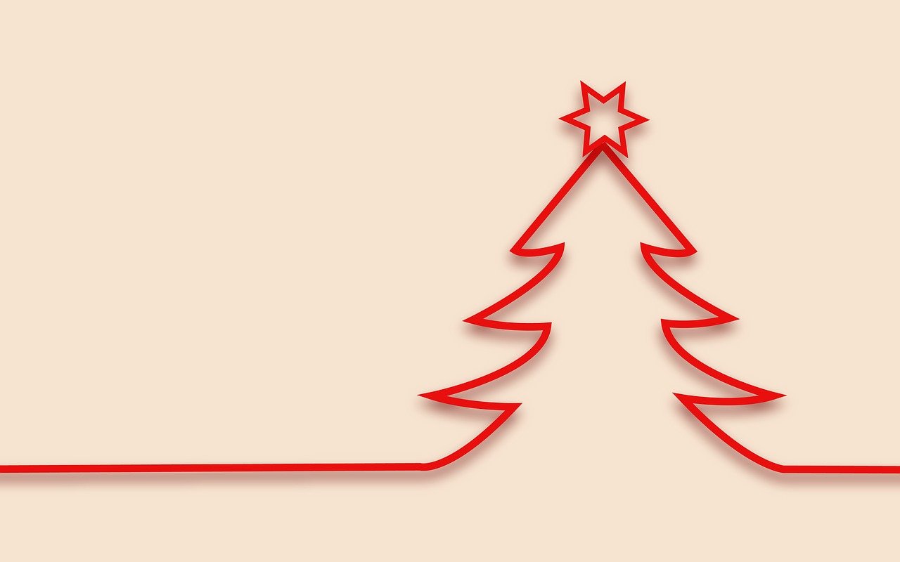 a christmas tree with a star on top of it, an illustration of, art deco, thin red lines, paper background, solid background, papercut