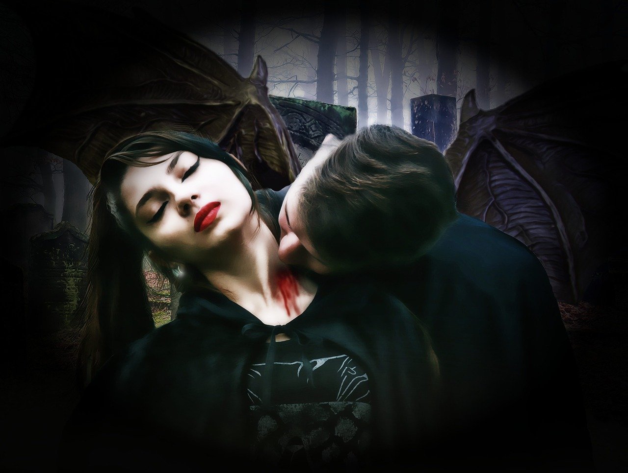 a couple of people that are kissing each other, digital art, gothic art, beautiful female vampire, film promotional still, sleeping beauty, dark angel