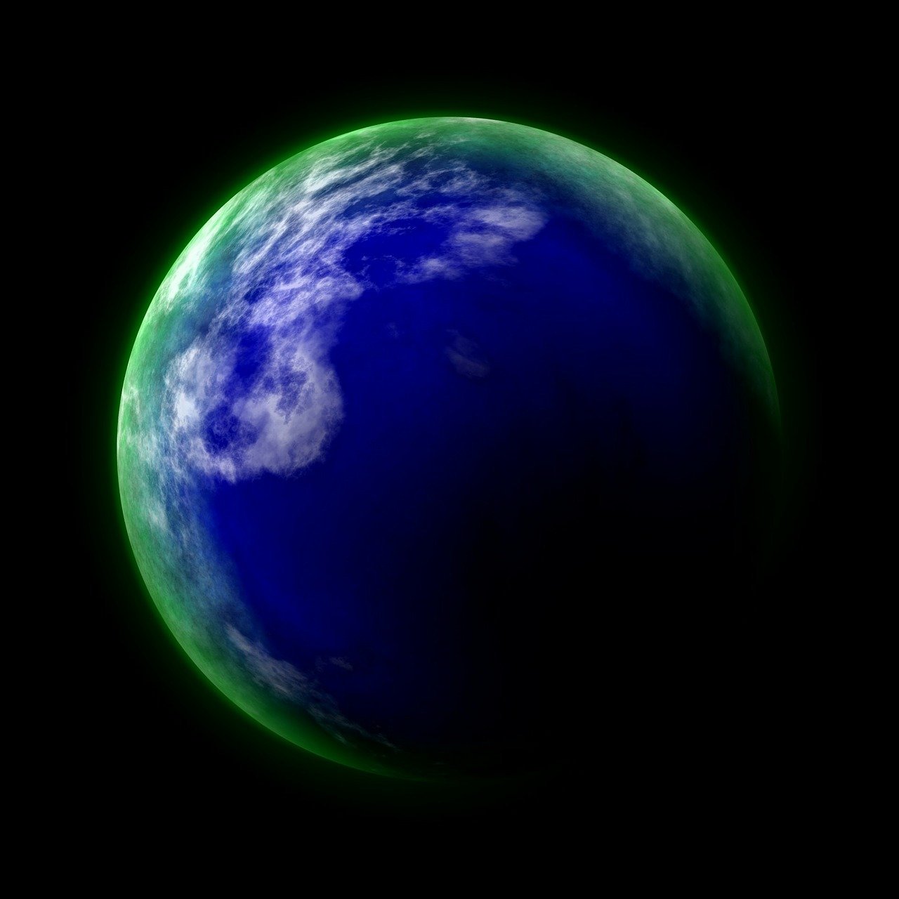 an image of the earth taken from space, a raytraced image, hurufiyya, green bioluminescent chrometype, computer generated, circular planet, cobalt
