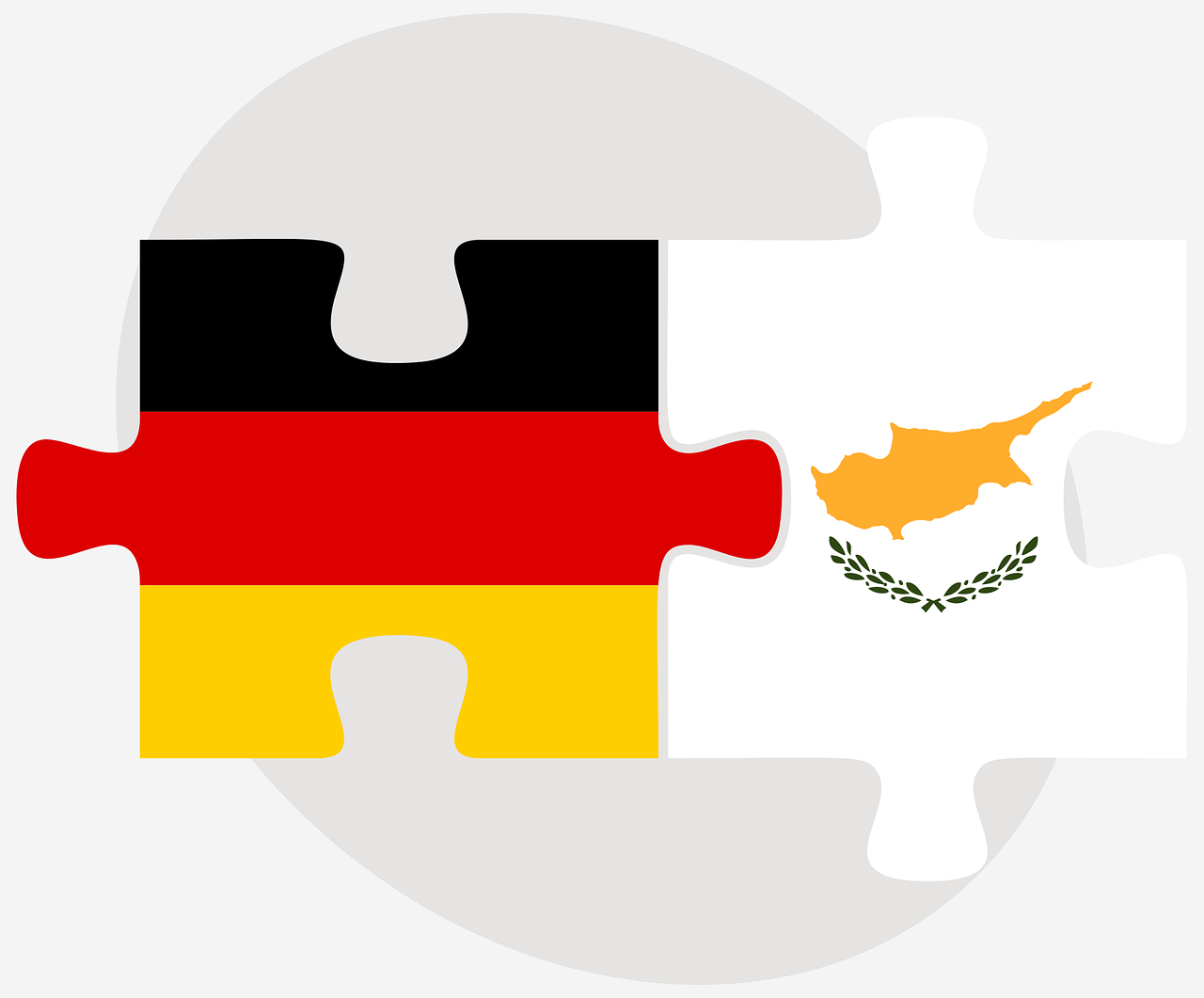 a puzzle piece with the flag of germany and cyprus, a cartoon, shutterstock, digital image, on a gray background, tangelos, stroopwaffel